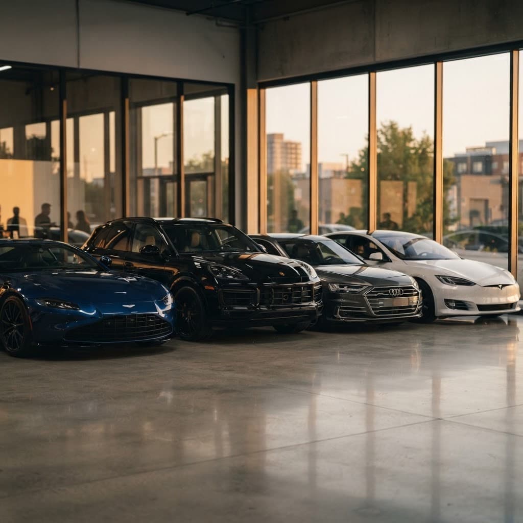 Voitures de prestige alignées dans un showroom